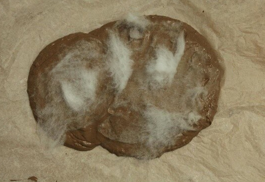 3)双手均匀的揉搓,并加入少量细沙,至棉花与泥,沙成分均匀,撕扯泥时有